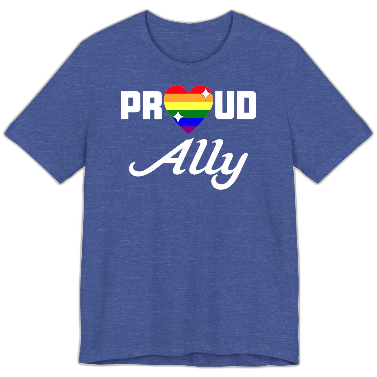 Proud Ally Pride Heart design with rainbow-striped heart and white sparkles between PROUD and Ally text in Heather True Royal
