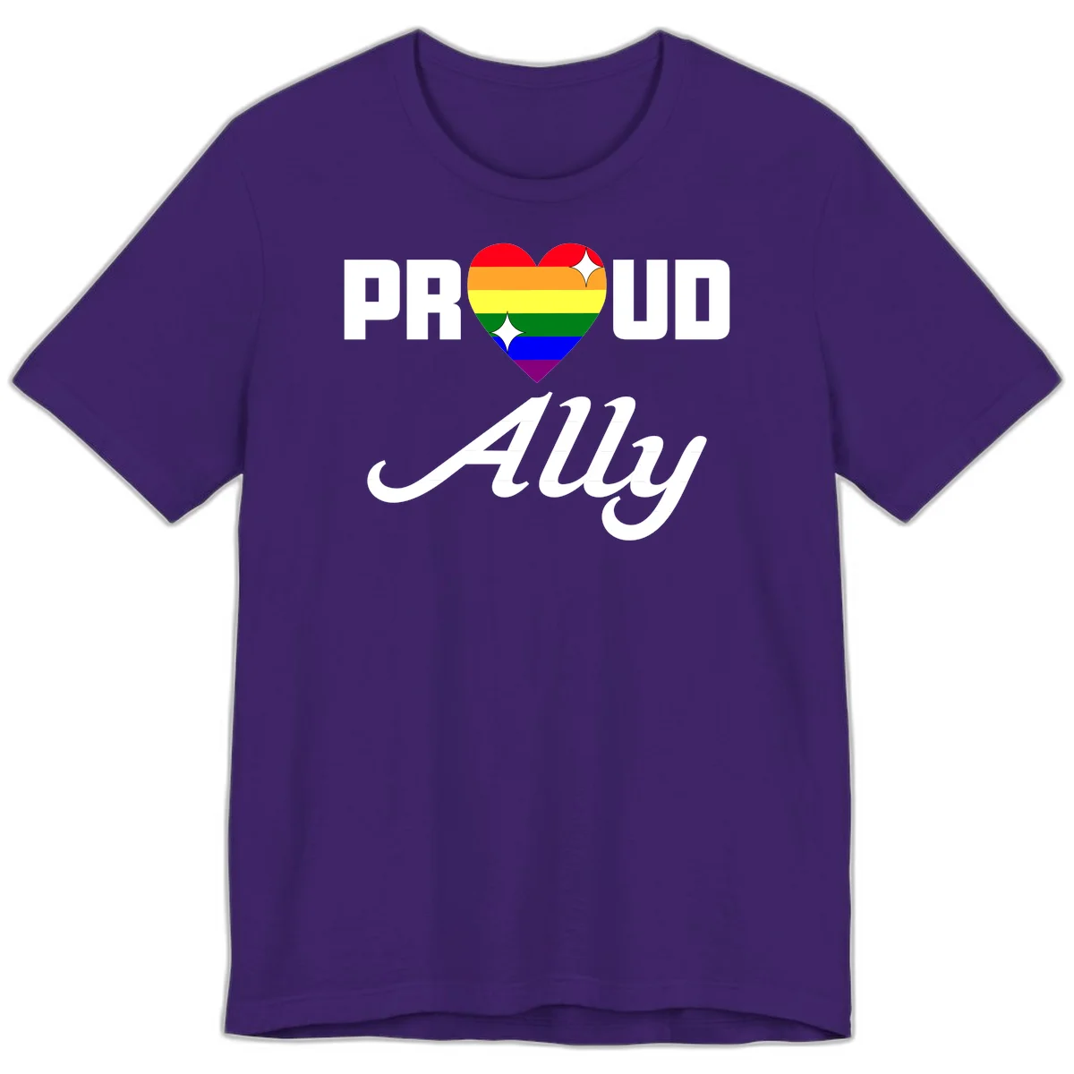 Proud Ally Pride Heart design with rainbow-striped heart and white sparkles between PROUD and Ally text in Team Purple