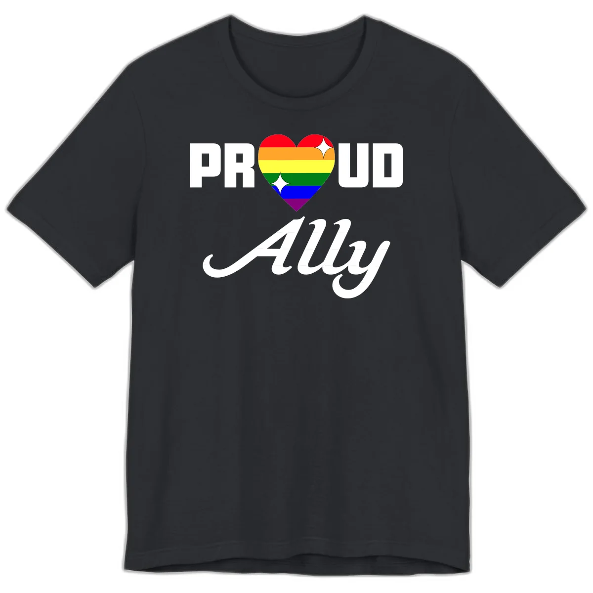 Proud Ally Pride Heart design with rainbow-striped heart and white sparkles between PROUD and Ally text in Vintage Black