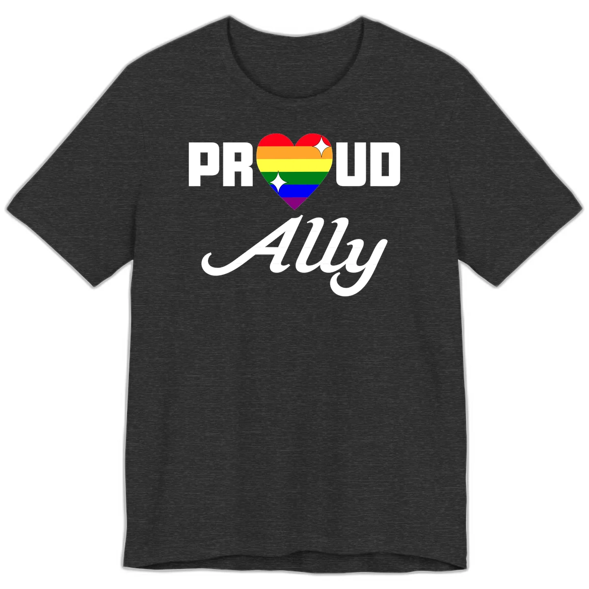 Proud Ally Pride Heart design with rainbow-striped heart and white sparkles between PROUD and Ally text in Dark Grey Heather