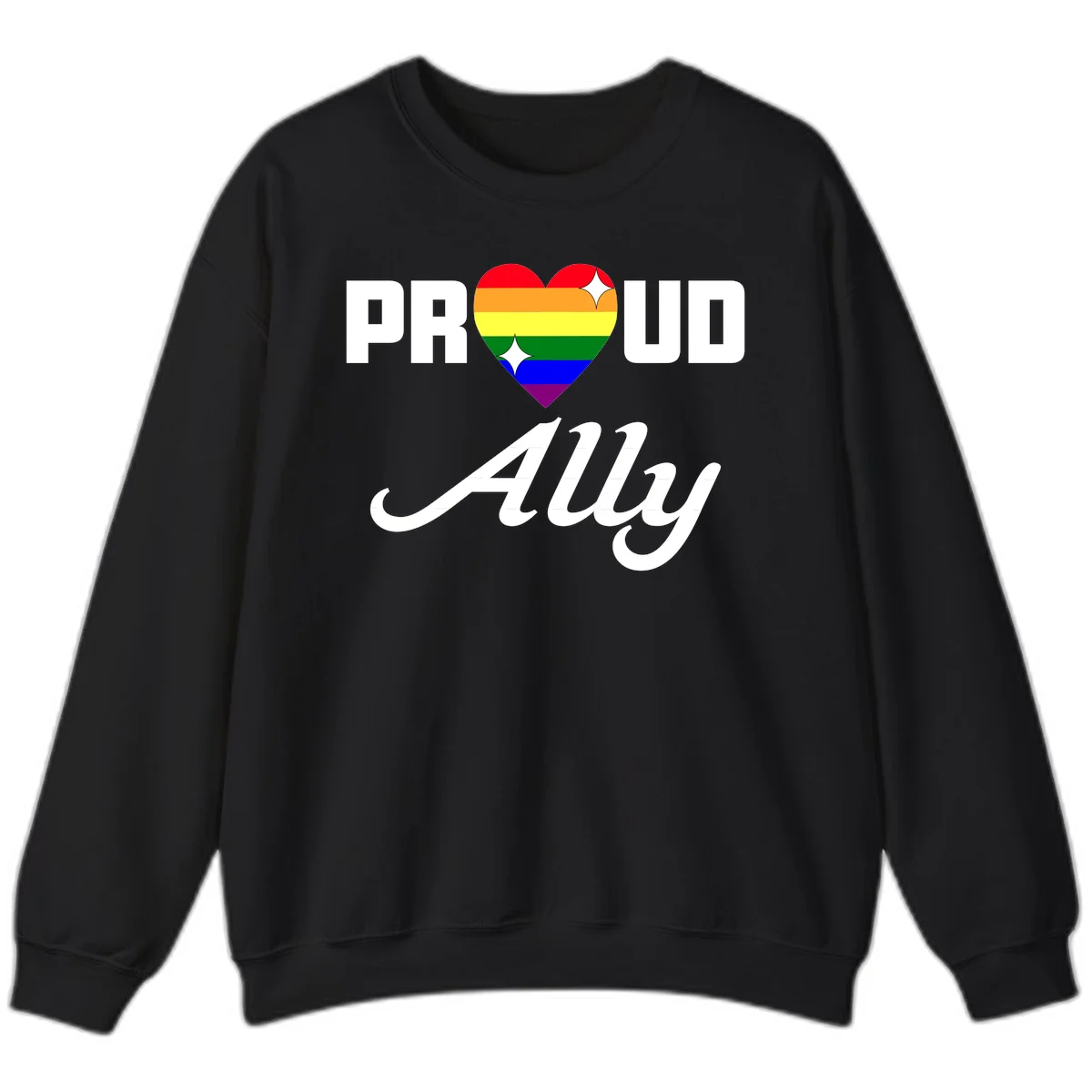 Proud Ally Pride Heart design with rainbow-striped heart and white sparkles between PROUD and Ally text in Black