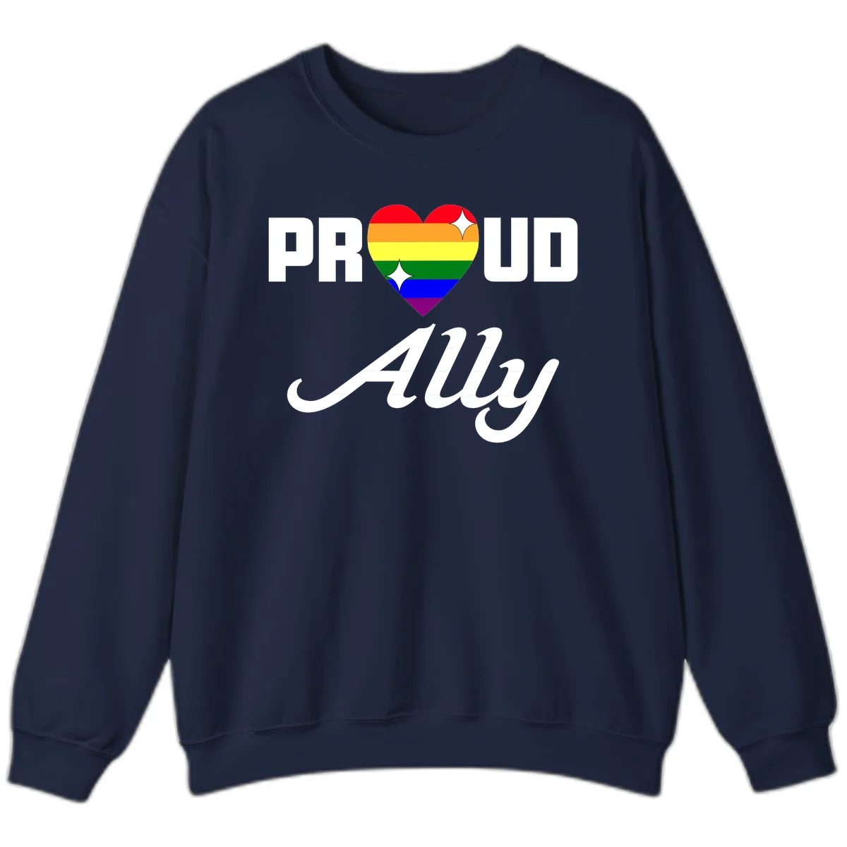Proud Ally Pride Heart design with rainbow-striped heart and white sparkles between PROUD and Ally text in Navy