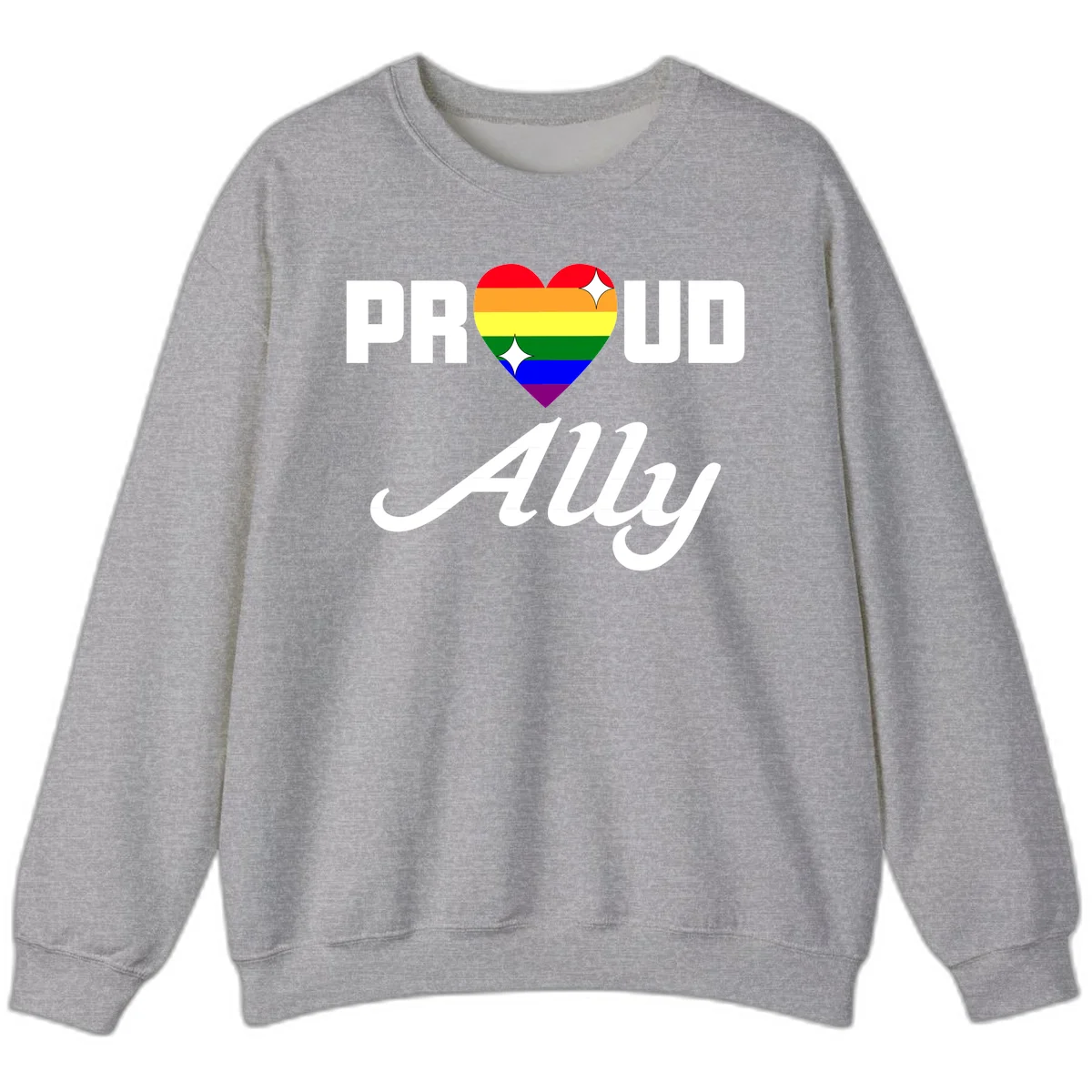 Proud Ally Pride Heart design with rainbow-striped heart and white sparkles between PROUD and Ally text in Sport Grey