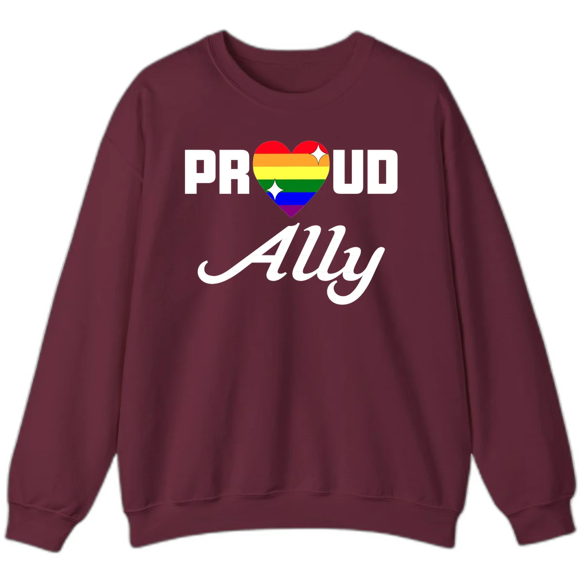 Proud Ally Pride Heart design with rainbow-striped heart and white sparkles between PROUD and Ally text in Maroon