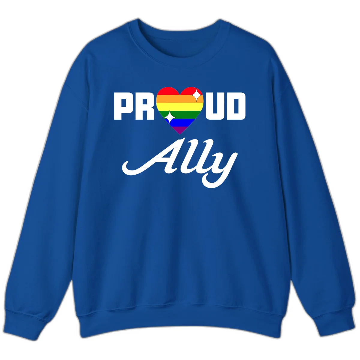Proud Ally Pride Heart design with rainbow-striped heart and white sparkles between PROUD and Ally text in Royal