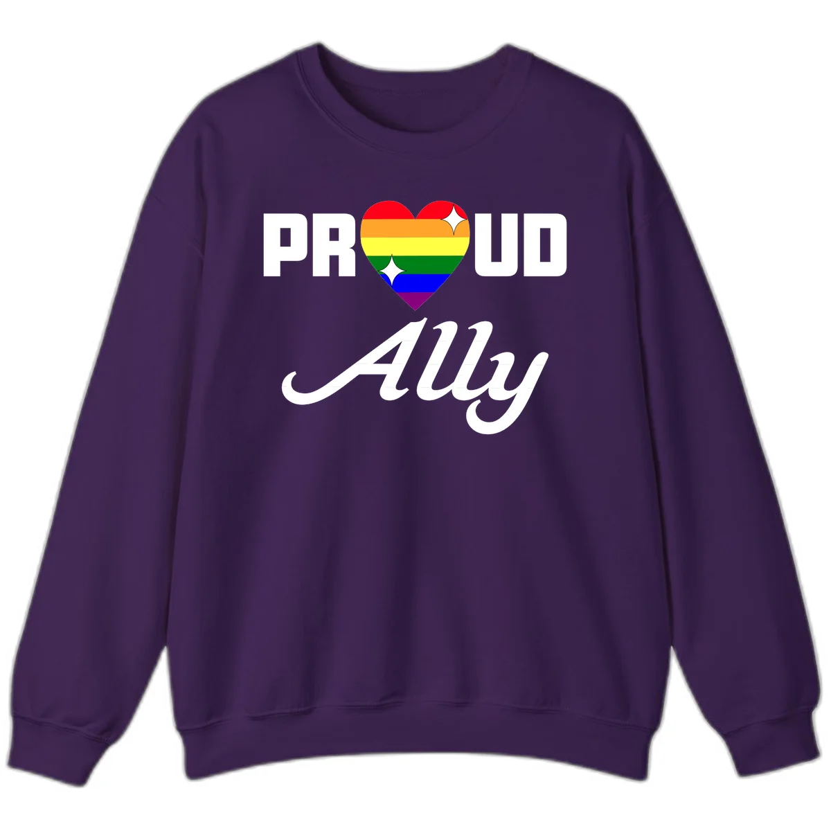 Proud Ally Pride Heart design with rainbow-striped heart and white sparkles between PROUD and Ally text in Purple