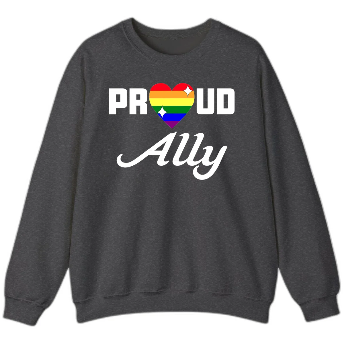 Proud Ally Pride Heart design with rainbow-striped heart and white sparkles between PROUD and Ally text in Dark Heather