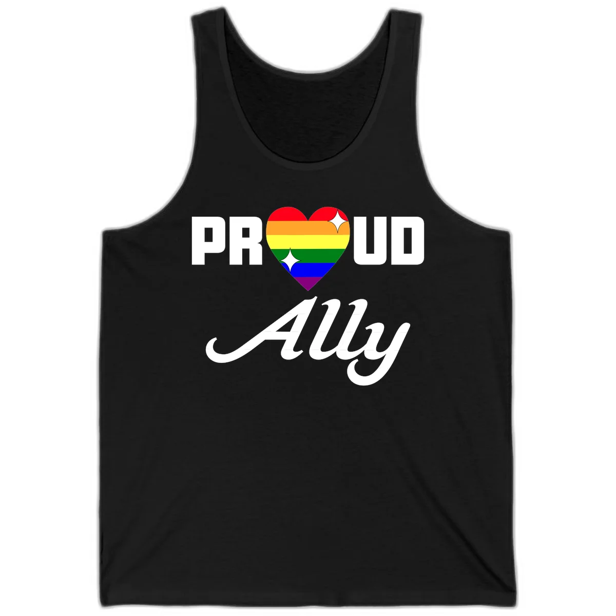 Proud Ally Pride Heart design with rainbow-striped heart and white sparkles between PROUD and Ally text in Black
