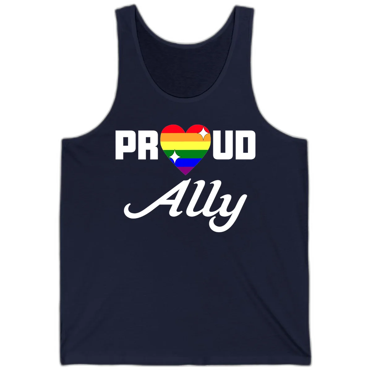 Proud Ally Pride Heart design with rainbow-striped heart and white sparkles between PROUD and Ally text in Navy