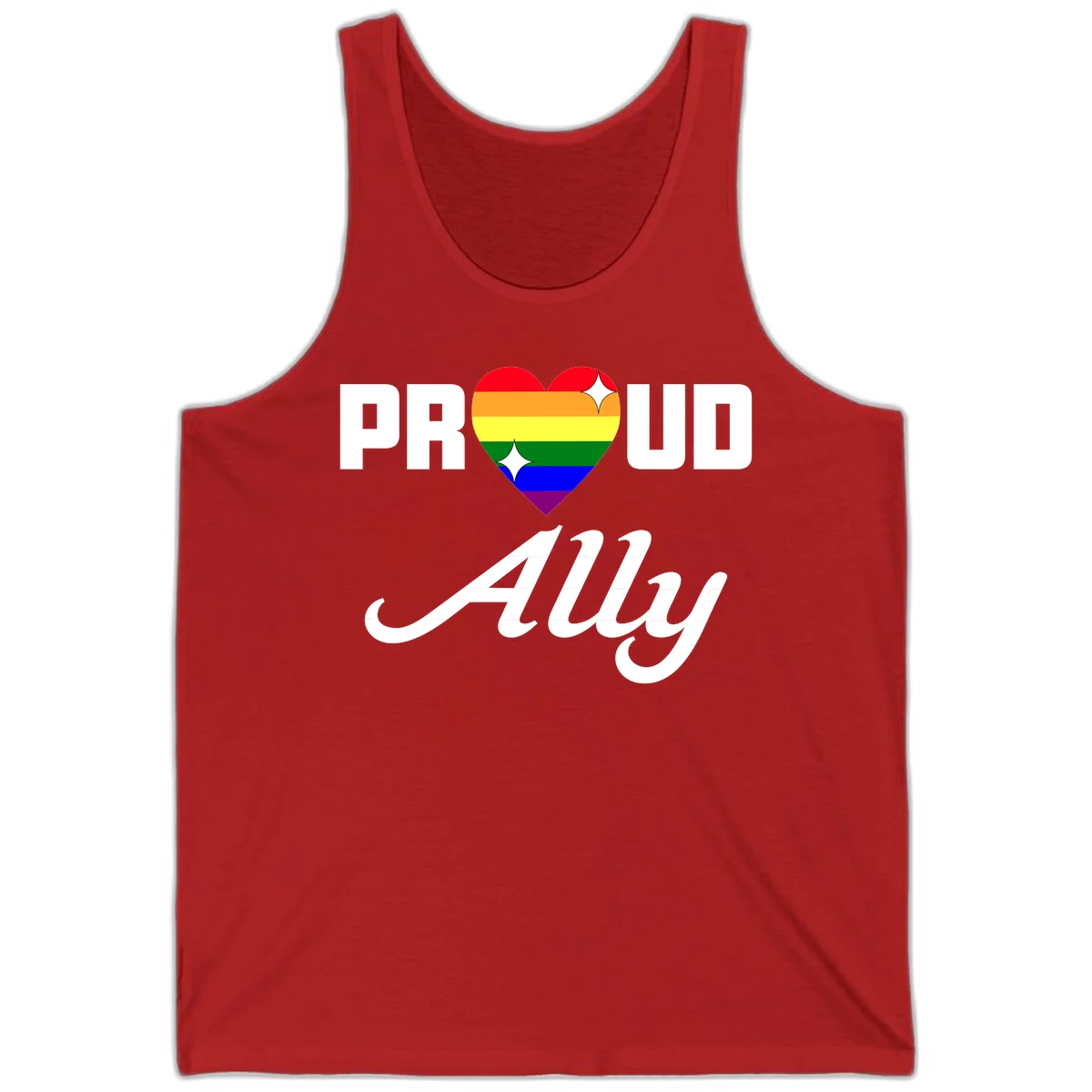 Proud Ally Pride Heart design with rainbow-striped heart and white sparkles between PROUD and Ally text in Red