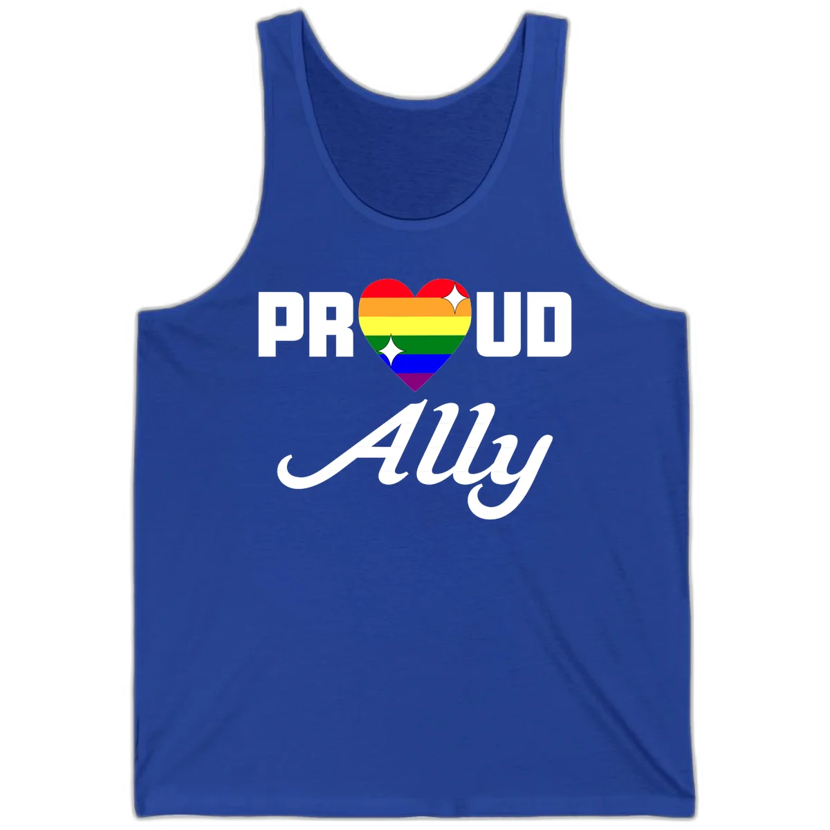 Proud Ally Pride Heart design with rainbow-striped heart and white sparkles between PROUD and Ally text in True Royal