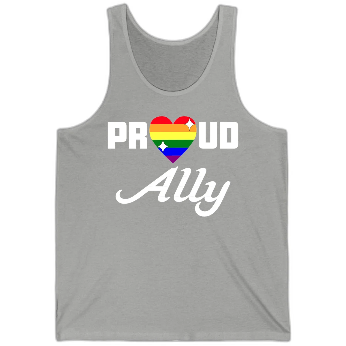Proud Ally Pride Heart design with rainbow-striped heart and white sparkles between PROUD and Ally text in Athletic Heather