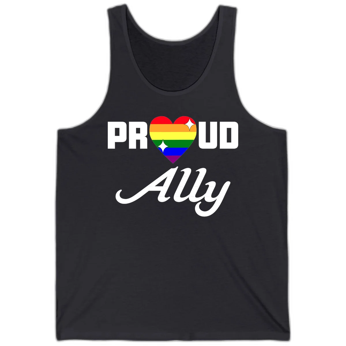 Proud Ally Pride Heart design with rainbow-striped heart and white sparkles between PROUD and Ally text in Dark Grey