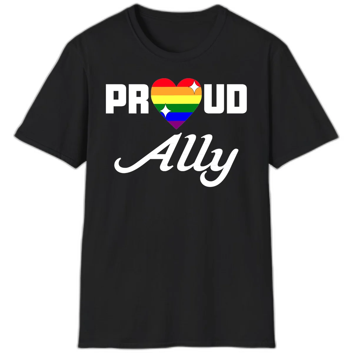 Proud Ally Pride Heart design with rainbow-striped heart and white sparkles between PROUD and Ally text in Black