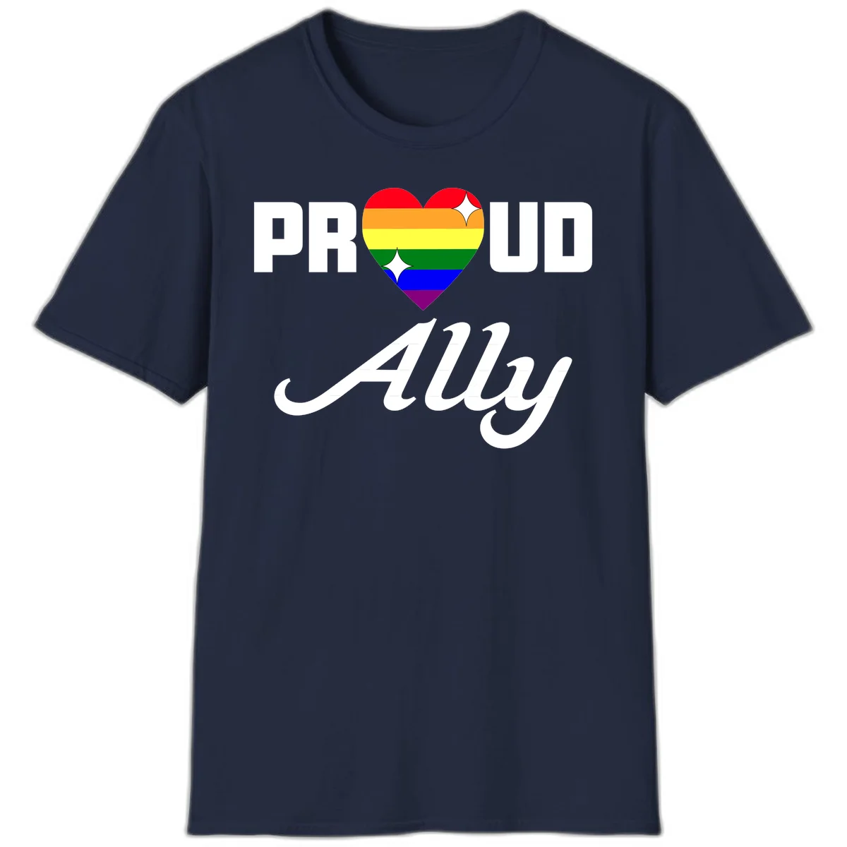 Proud Ally Pride Heart design with rainbow-striped heart and white sparkles between PROUD and Ally text in Navy