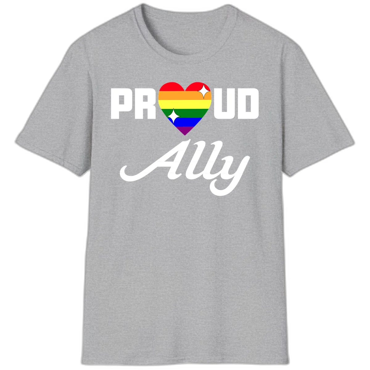 Proud Ally Pride Heart design with rainbow-striped heart and white sparkles between PROUD and Ally text in Sport Grey