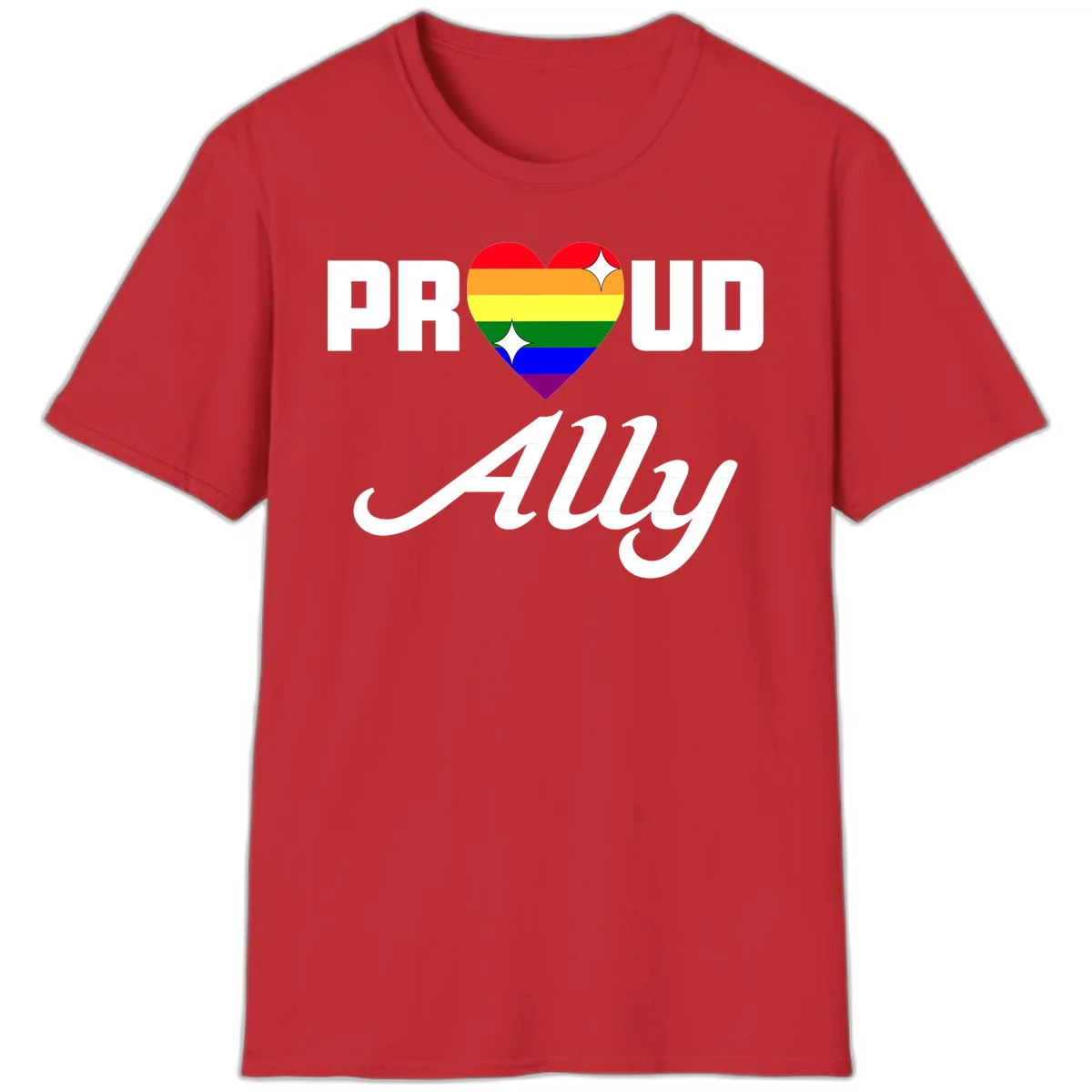 Proud Ally Pride Heart design with rainbow-striped heart and white sparkles between PROUD and Ally text in Red