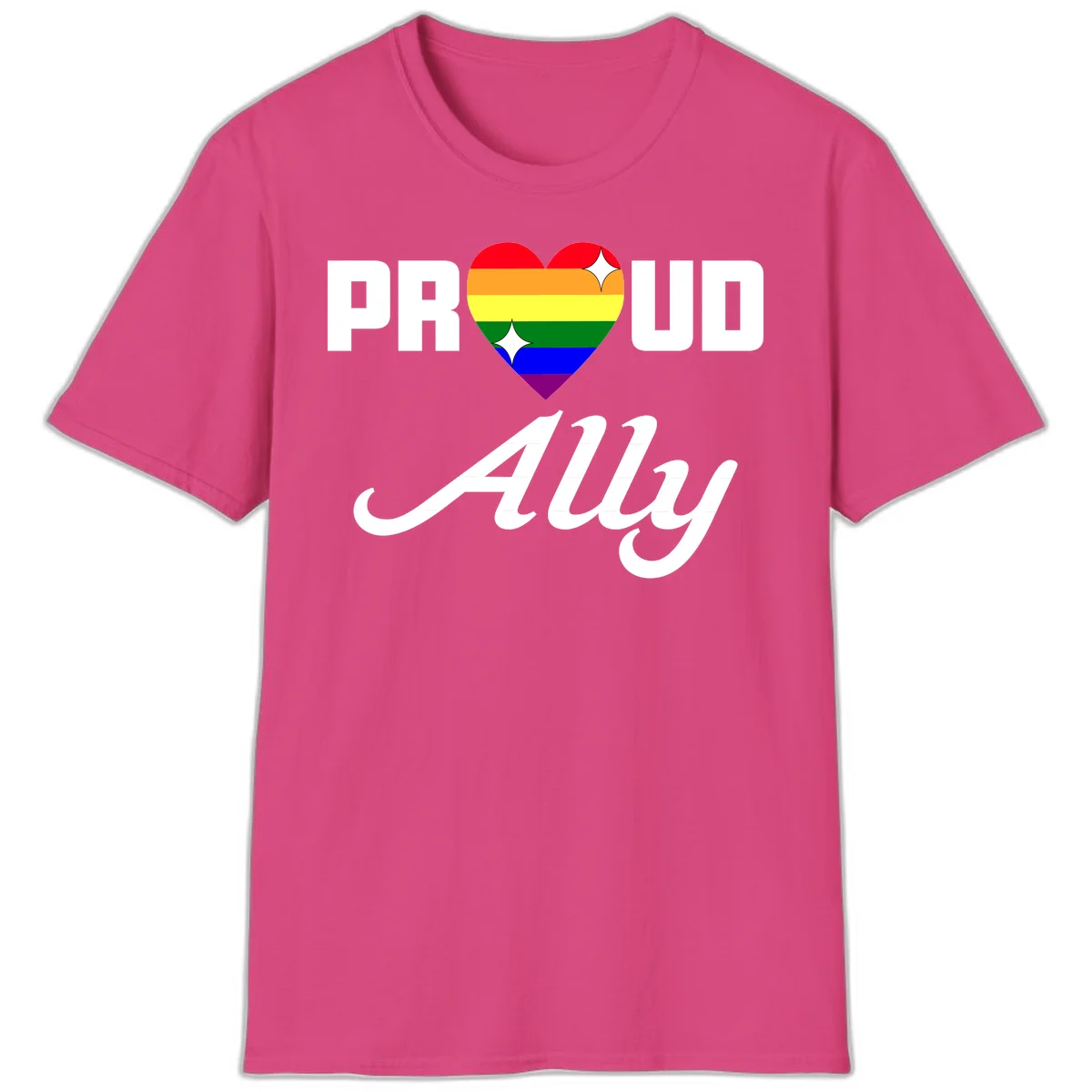 Proud Ally Pride Heart design with rainbow-striped heart and white sparkles between PROUD and Ally text in Heliconia