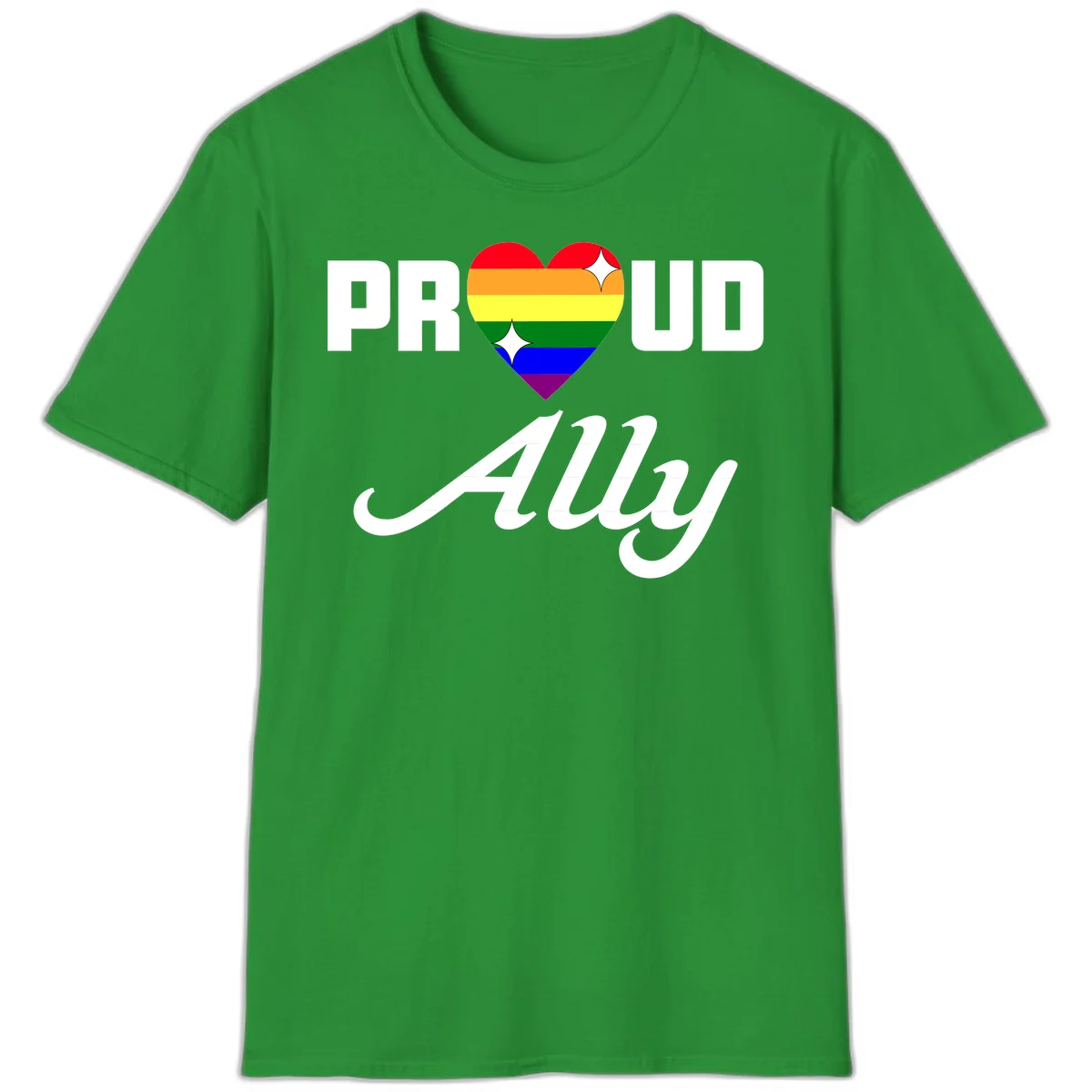 Proud Ally Pride Heart design with rainbow-striped heart and white sparkles between PROUD and Ally text in Irish Green