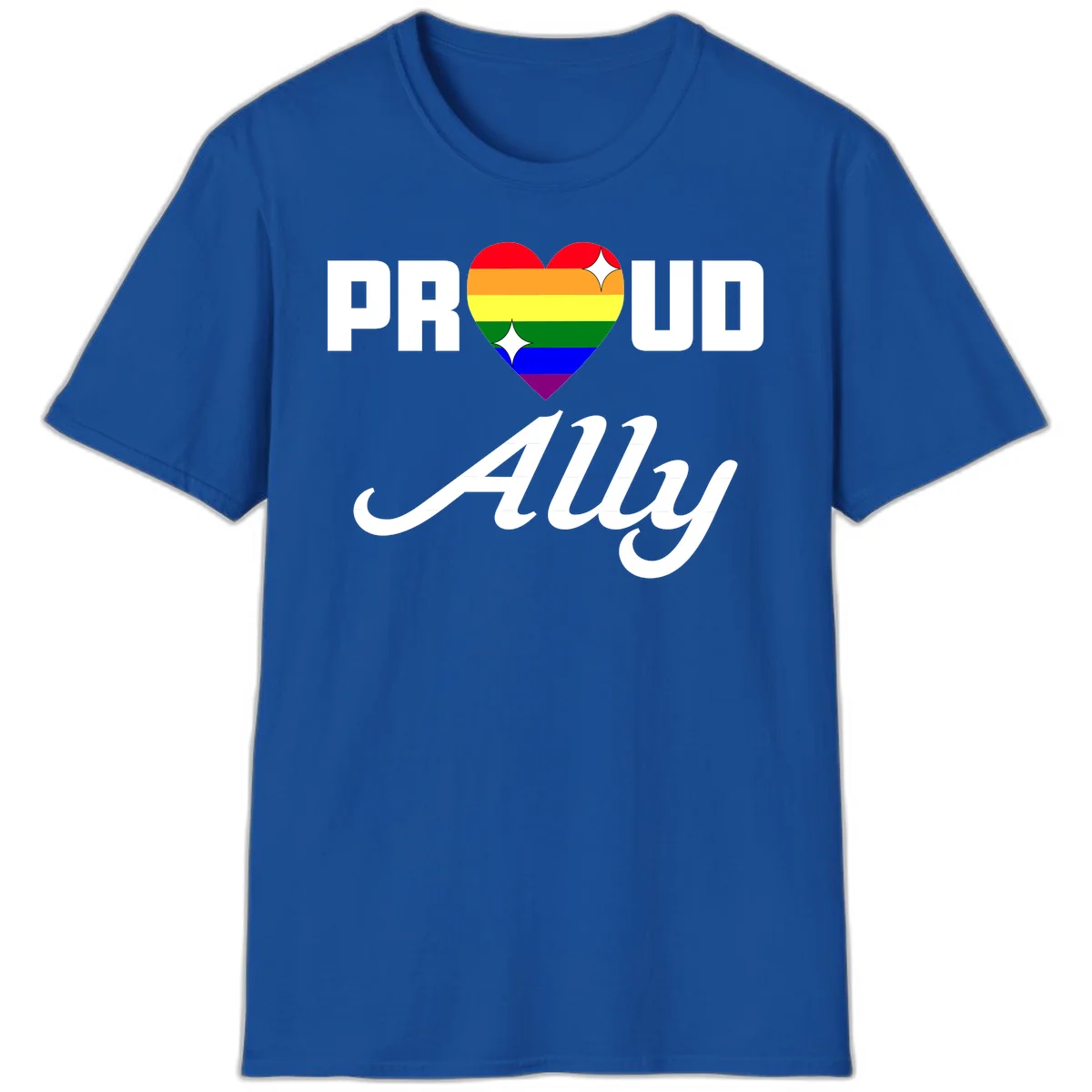 Proud Ally Pride Heart design with rainbow-striped heart and white sparkles between PROUD and Ally text in Royal