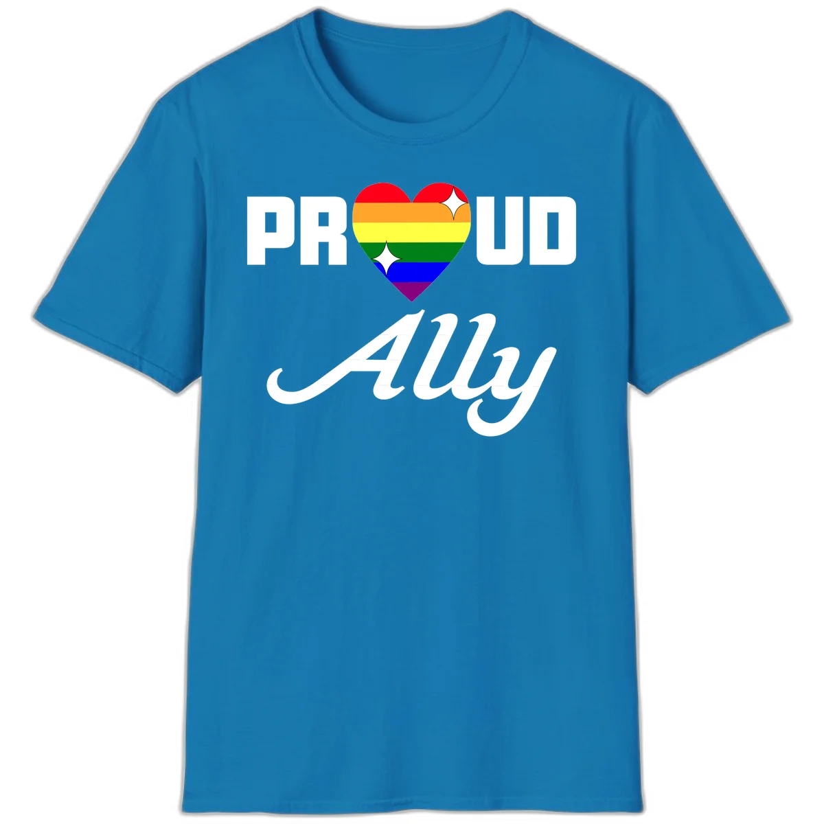 Proud Ally Pride Heart design with rainbow-striped heart and white sparkles between PROUD and Ally text in Sapphire