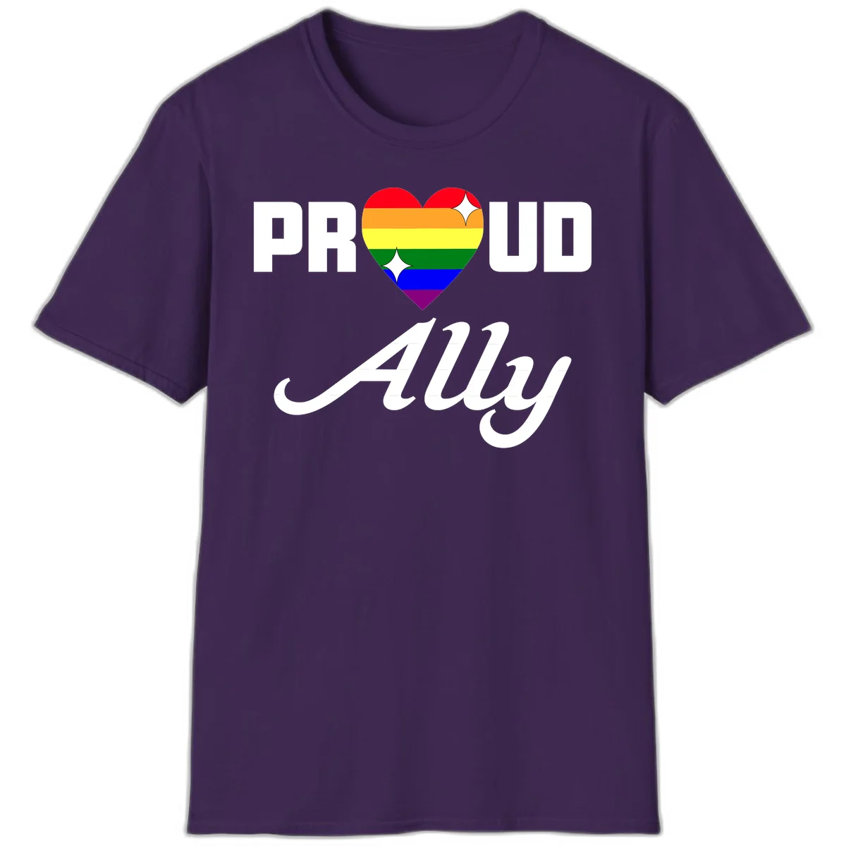 Proud Ally Pride Heart design with rainbow-striped heart and white sparkles between PROUD and Ally text in Purple
