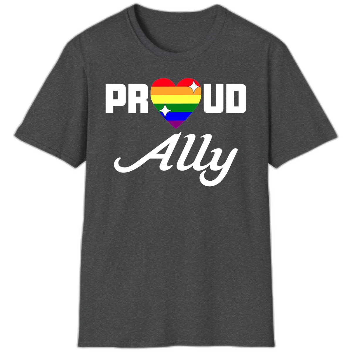 Proud Ally Pride Heart design with rainbow-striped heart and white sparkles between PROUD and Ally text in Dark Heather