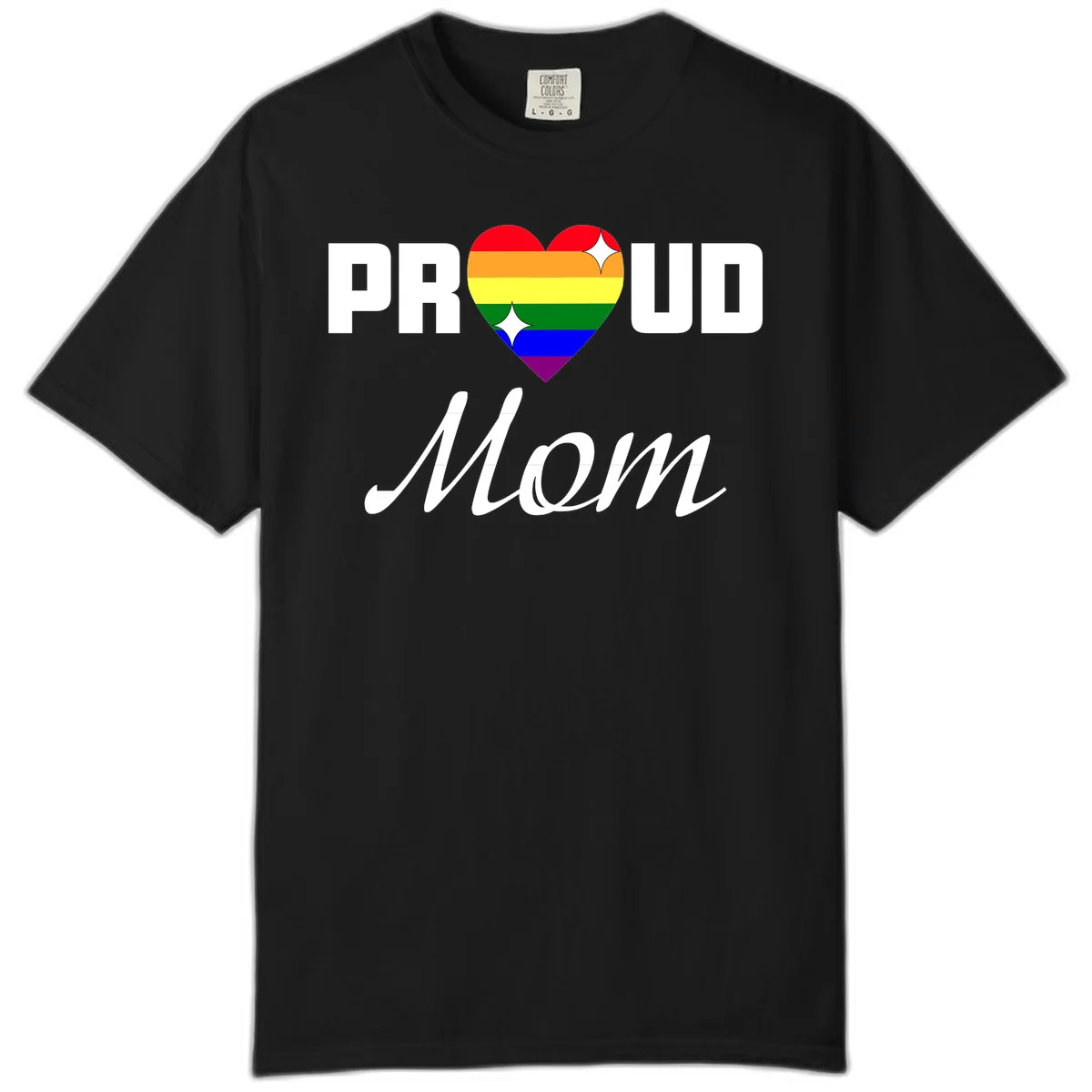 Proud Mom rainbow heart design with colorful pride flag stripes forming a heart shape and text reading Proud Mom in Black