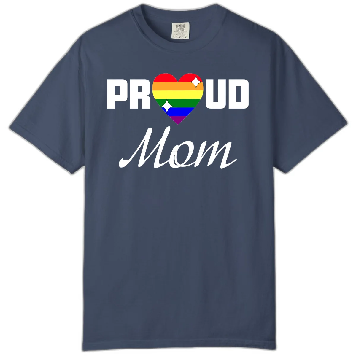 Proud Mom rainbow heart design with colorful pride flag stripes forming a heart shape and text reading Proud Mom in Midnight