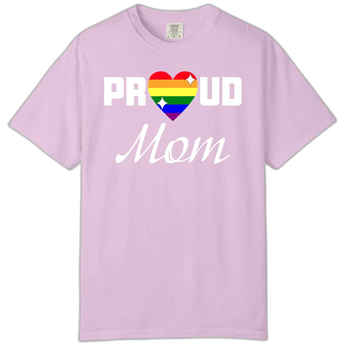 Proud Mom rainbow heart design with colorful pride flag stripes forming a heart shape and text reading Proud Mom in Orchid