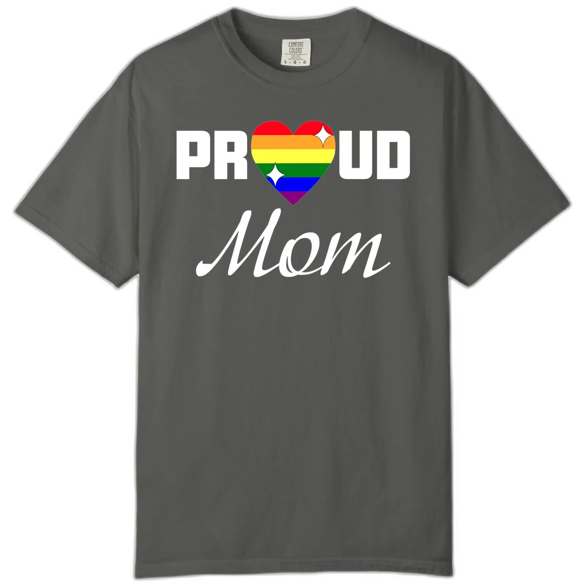 Proud Mom rainbow heart design with colorful pride flag stripes forming a heart shape and text reading Proud Mom in Pepper
