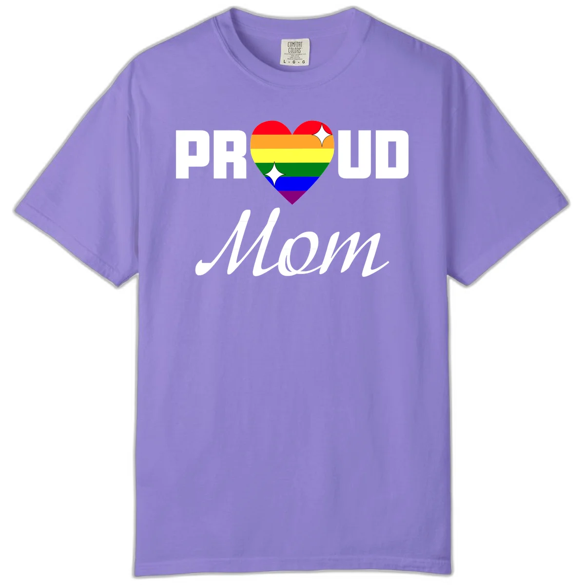 Proud Mom rainbow heart design with colorful pride flag stripes forming a heart shape and text reading Proud Mom in Violet