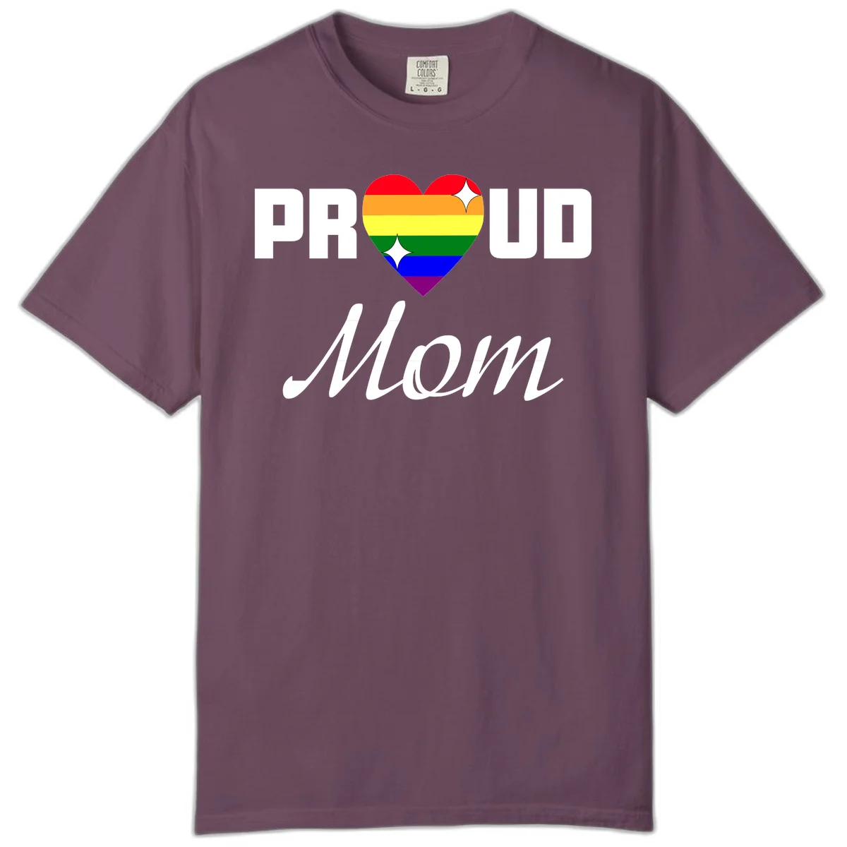 Proud Mom rainbow heart design with colorful pride flag stripes forming a heart shape and text reading Proud Mom in Berry