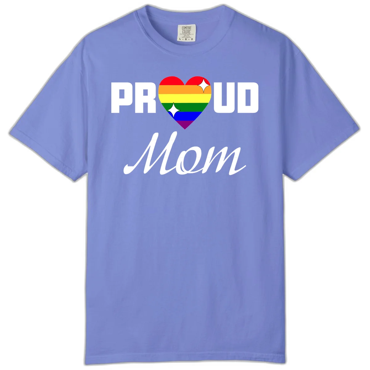 Proud Mom rainbow heart design with colorful pride flag stripes forming a heart shape and text reading Proud Mom in Flo Blue