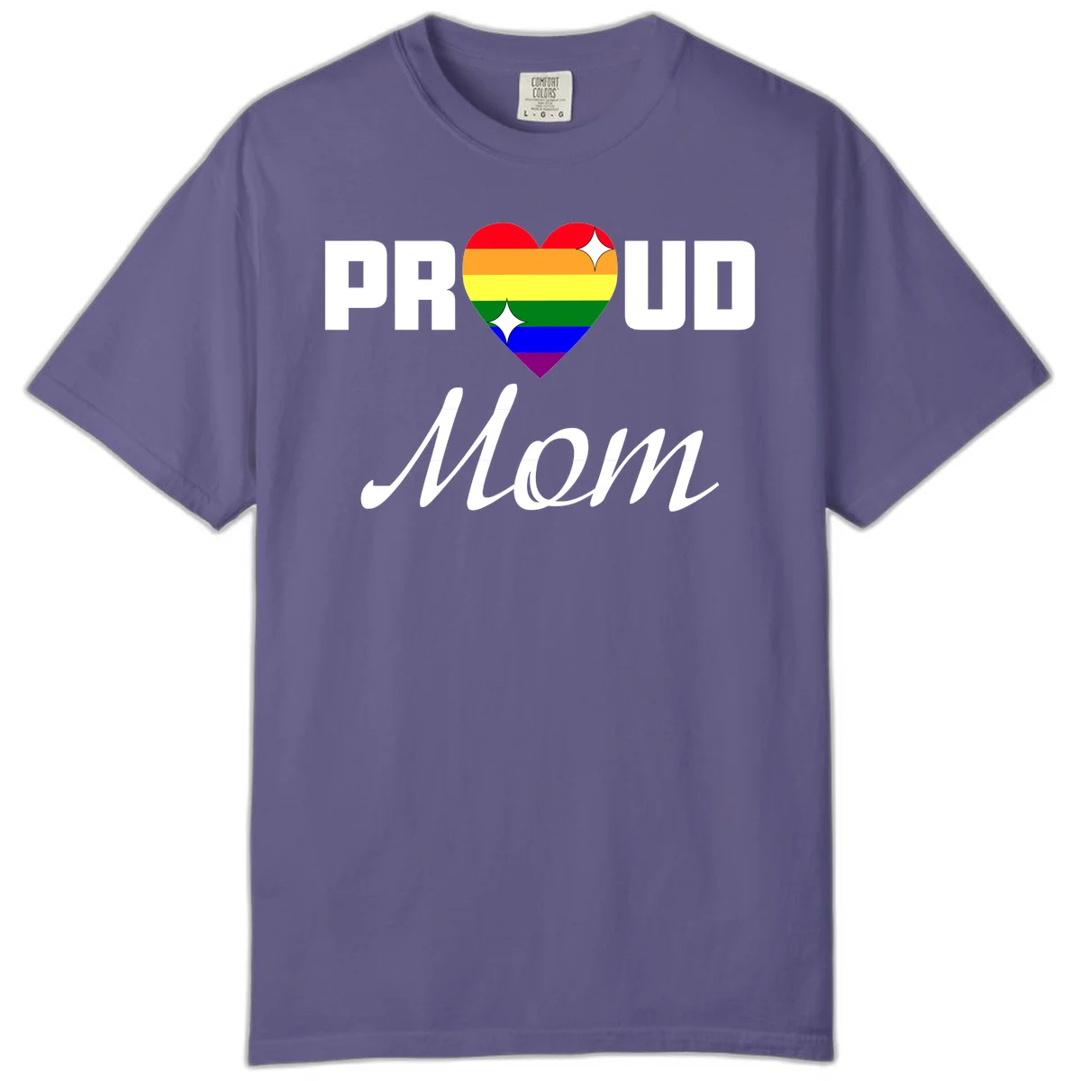 Proud Mom rainbow heart design with colorful pride flag stripes forming a heart shape and text reading Proud Mom in Grape