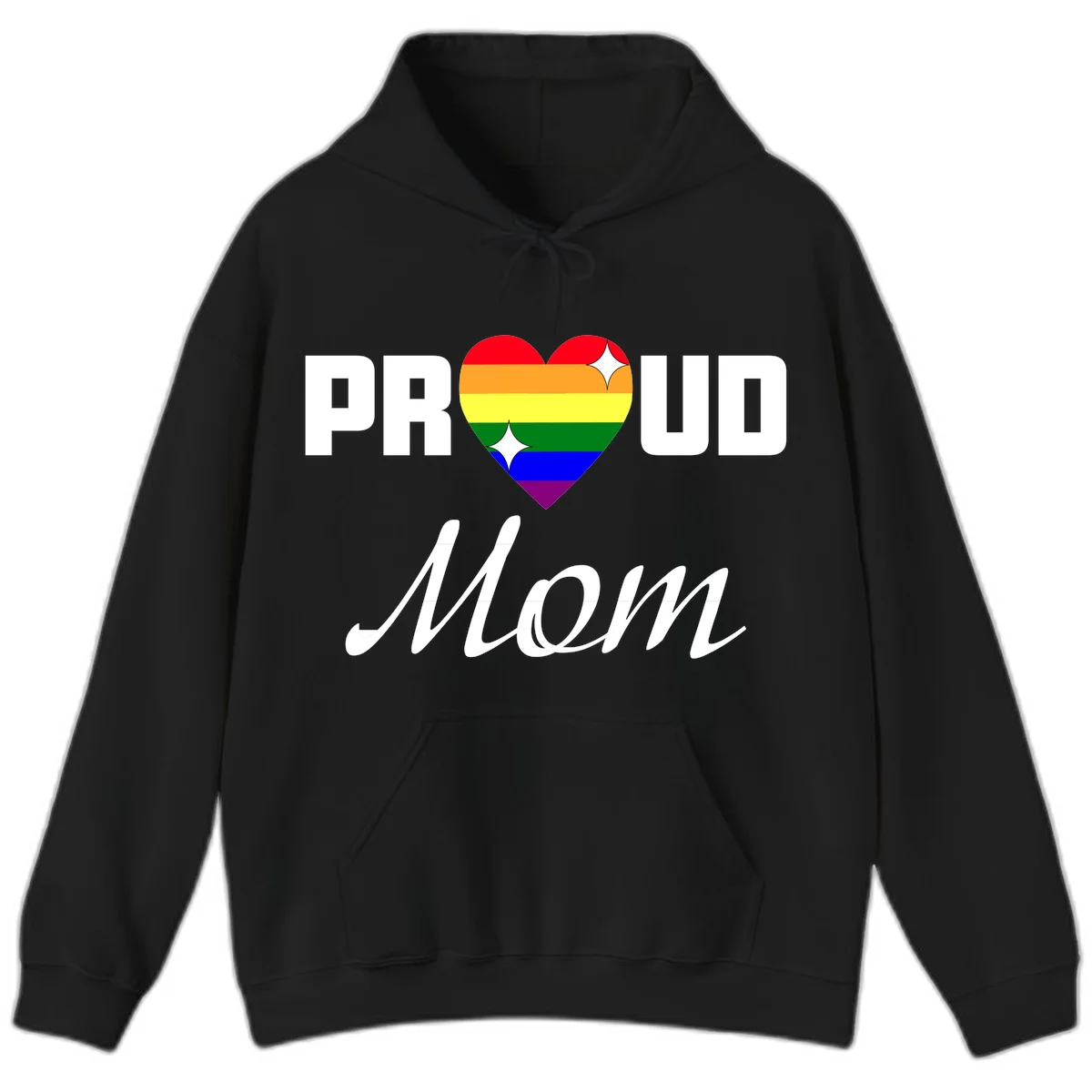 Proud Mom rainbow heart design with colorful pride flag stripes forming a heart shape and text reading Proud Mom in Black