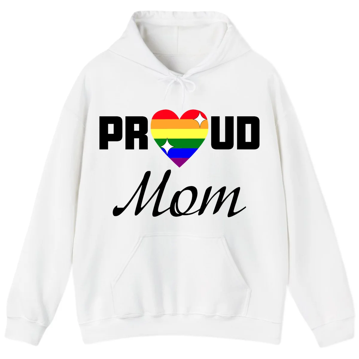 Proud Mom rainbow heart design with colorful pride flag stripes forming a heart shape and text reading Proud Mom in White