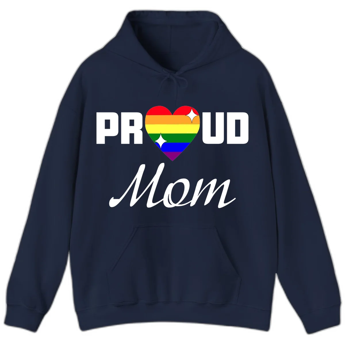 Proud Mom rainbow heart design with colorful pride flag stripes forming a heart shape and text reading Proud Mom in Navy