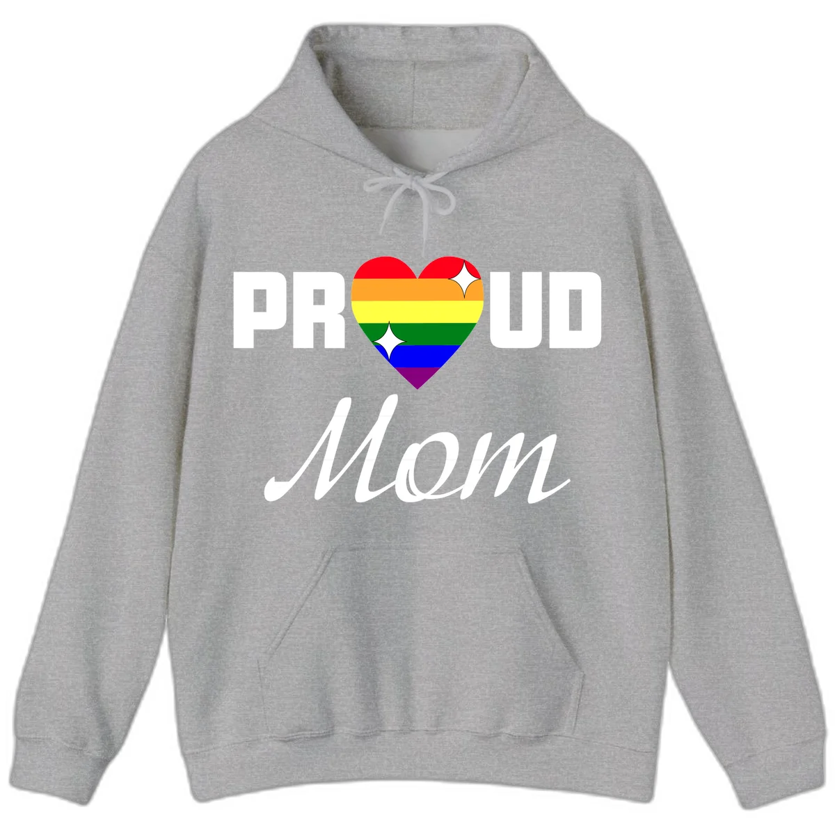 Proud Mom rainbow heart design with colorful pride flag stripes forming a heart shape and text reading Proud Mom in Sport Grey