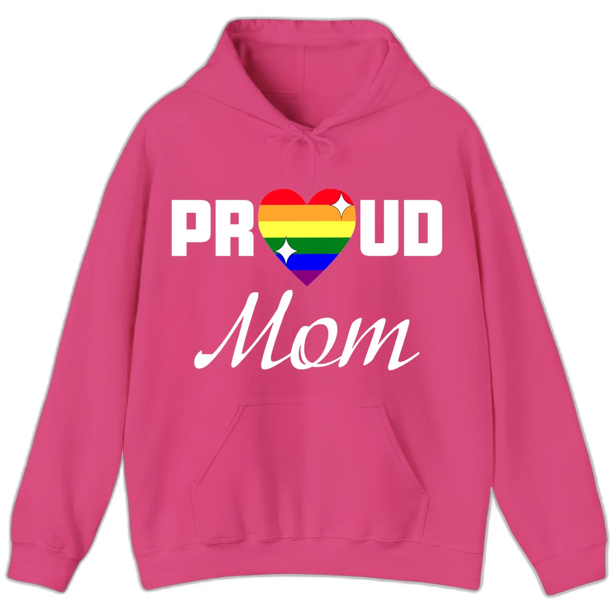 Proud Mom rainbow heart design with colorful pride flag stripes forming a heart shape and text reading Proud Mom in Heliconia