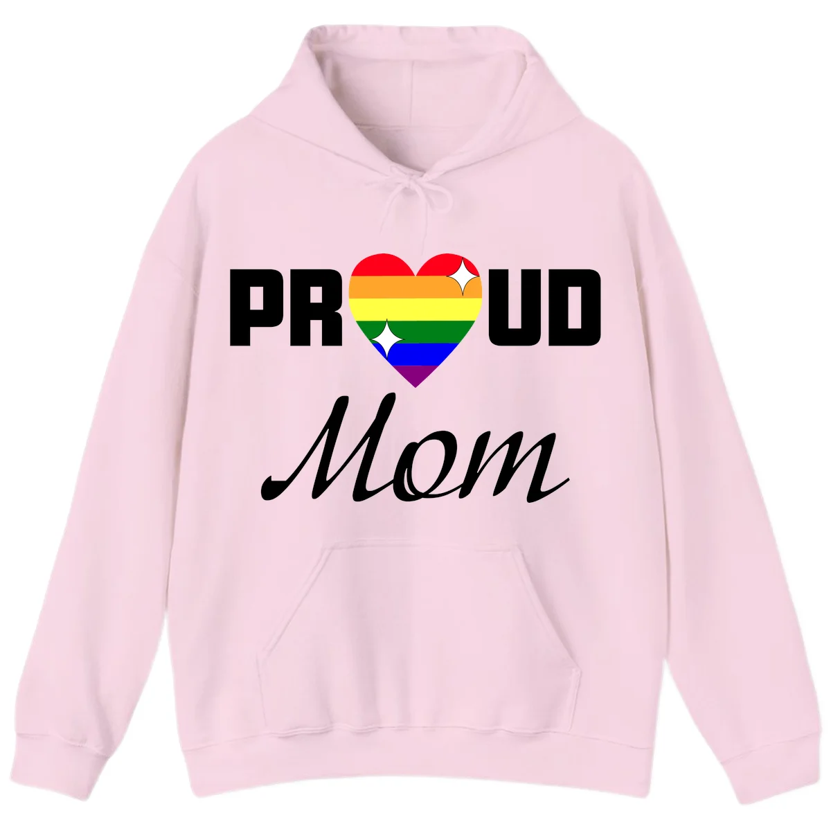 Proud Mom rainbow heart design with colorful pride flag stripes forming a heart shape and text reading Proud Mom in Light Pink