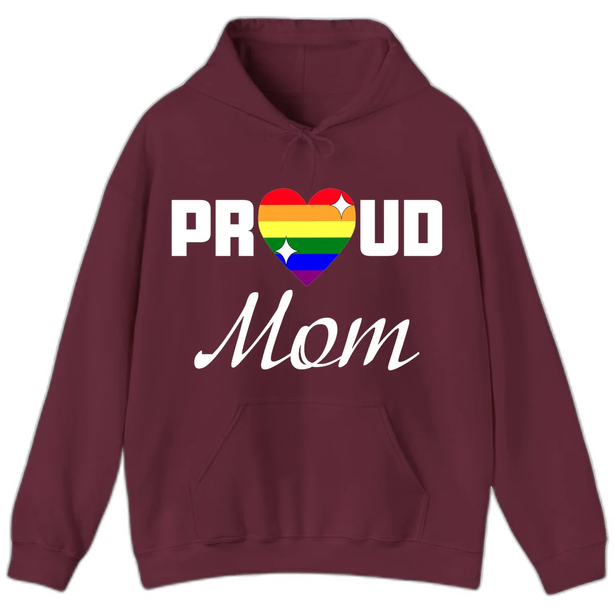 Proud Mom rainbow heart design with colorful pride flag stripes forming a heart shape and text reading Proud Mom in Maroon