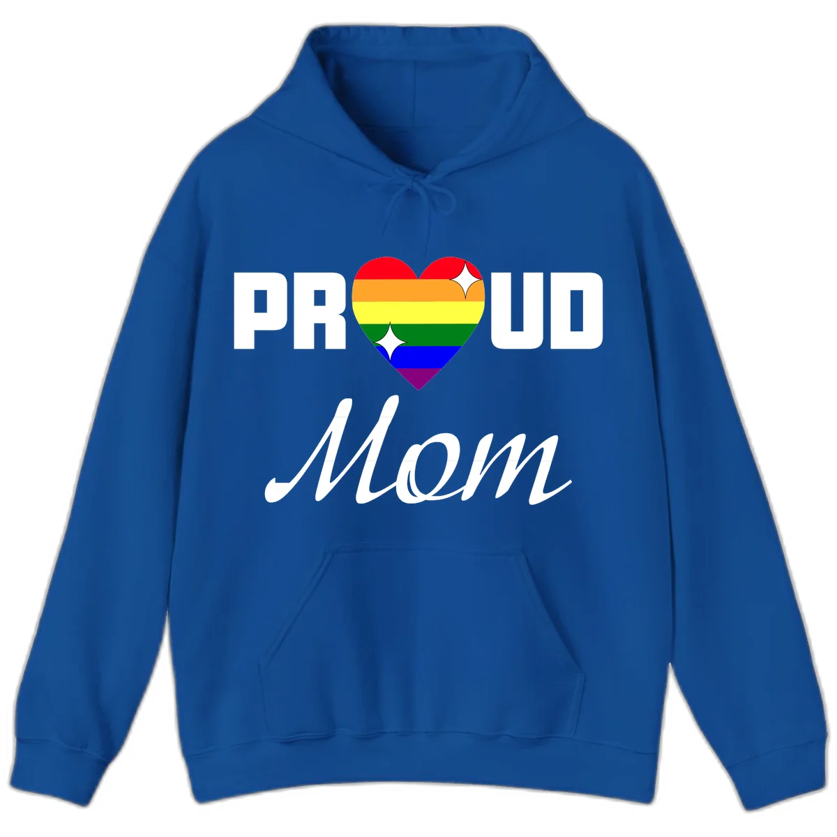 Proud Mom rainbow heart design with colorful pride flag stripes forming a heart shape and text reading Proud Mom in Royal