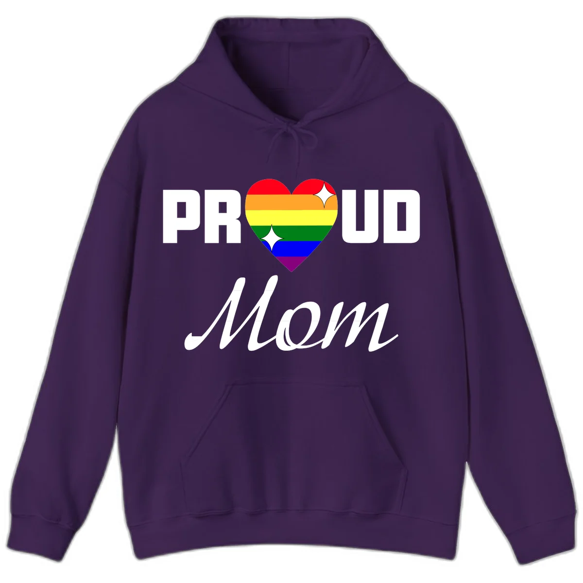 Proud Mom rainbow heart design with colorful pride flag stripes forming a heart shape and text reading Proud Mom in Purple