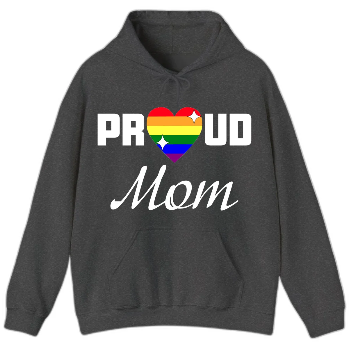 Proud Mom rainbow heart design with colorful pride flag stripes forming a heart shape and text reading Proud Mom in Dark Heather