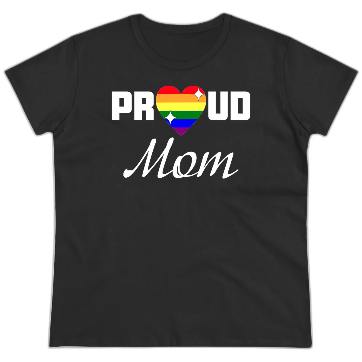 Proud Mom rainbow heart design with colorful pride flag stripes forming a heart shape and text reading Proud Mom in Black