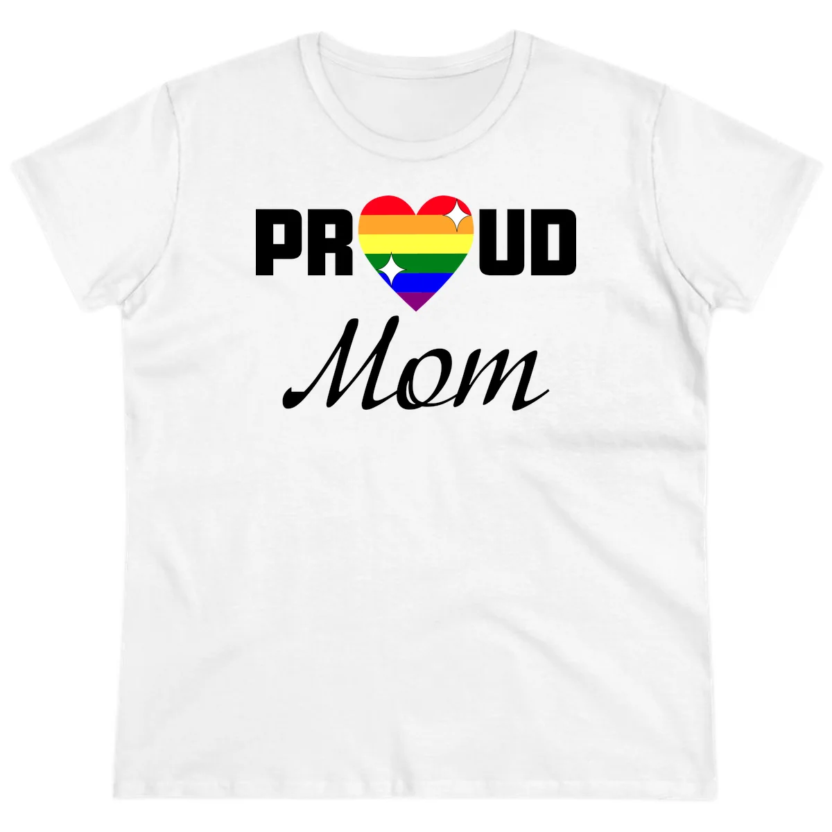 Proud Mom rainbow heart design with colorful pride flag stripes forming a heart shape and text reading Proud Mom in White