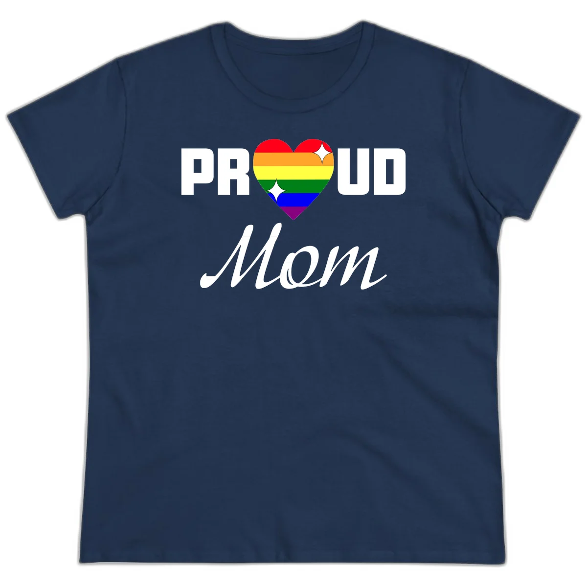 Proud Mom rainbow heart design with colorful pride flag stripes forming a heart shape and text reading Proud Mom in Navy
