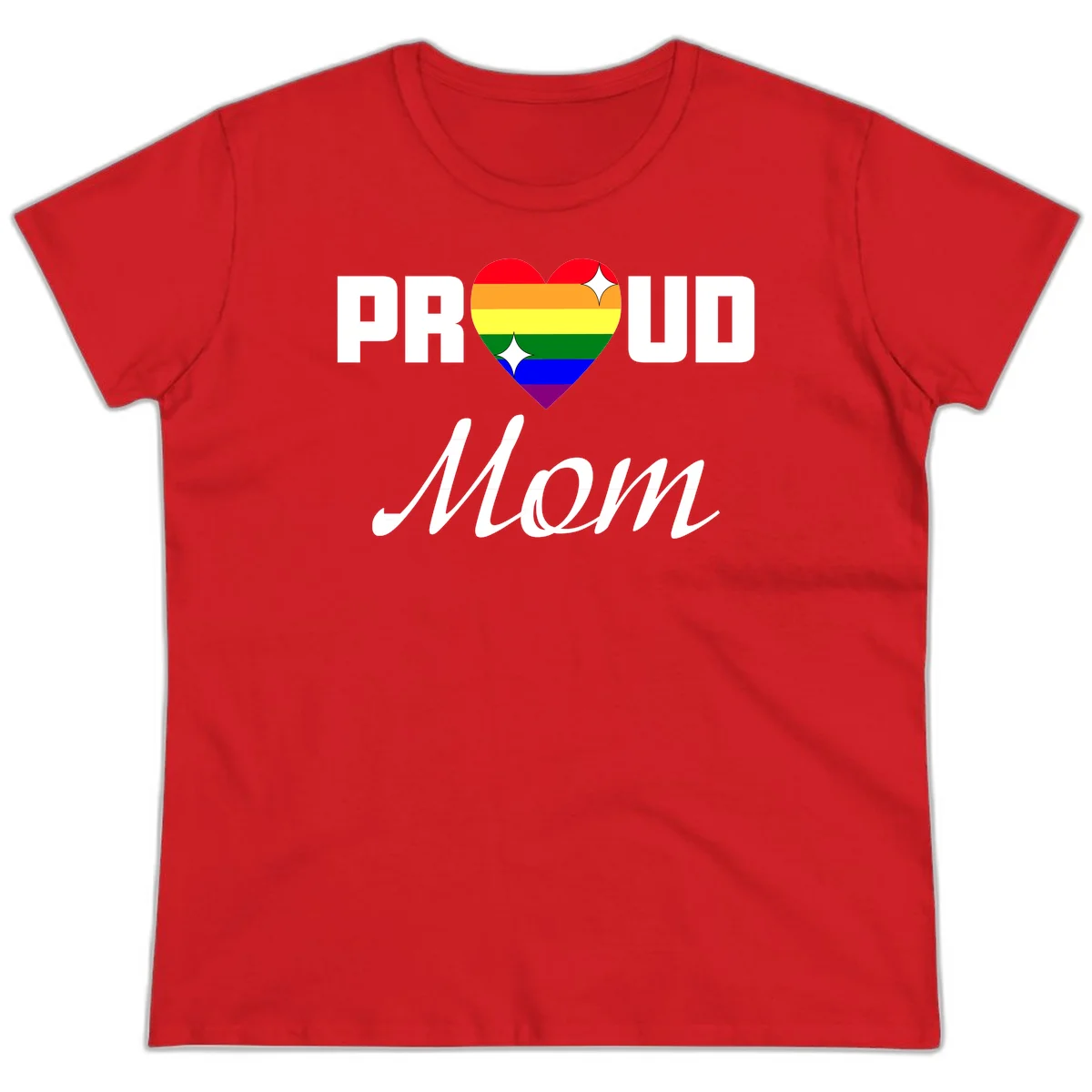 Proud Mom rainbow heart design with colorful pride flag stripes forming a heart shape and text reading Proud Mom in Red