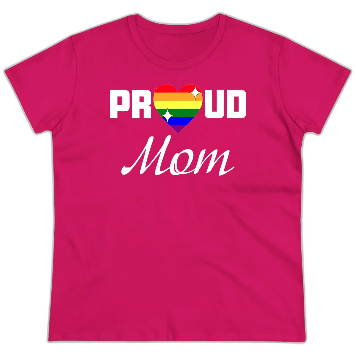Proud Mom rainbow heart design with colorful pride flag stripes forming a heart shape and text reading Proud Mom in Heliconia